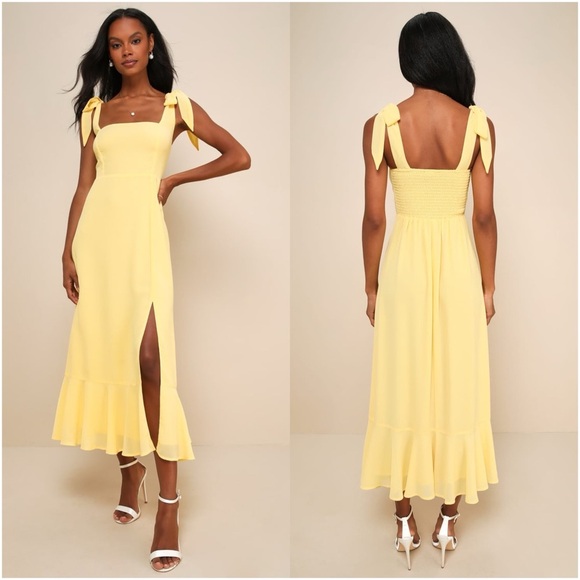 Lulus Dresses & Skirts - LULU’S Summer Invite Yellow Tie-Strap Tiered Midi Dress